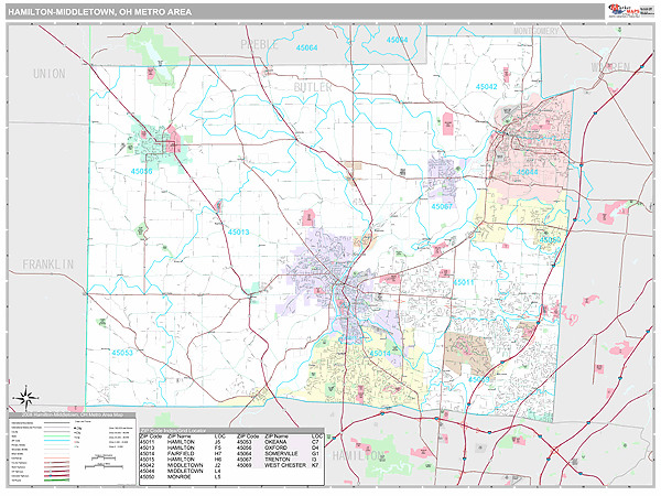 Hamilton-Middletown Metro Area Zip Code Wall Map